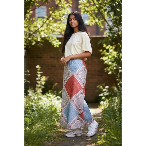 See You Monday Dresses & Skirts - See You Monday Red Blue Hanky Heart Print Stretch Straight Maxi Skirt S/M NWT